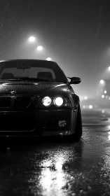 Rain-soaked BMW waits under city lights at midnight streets.