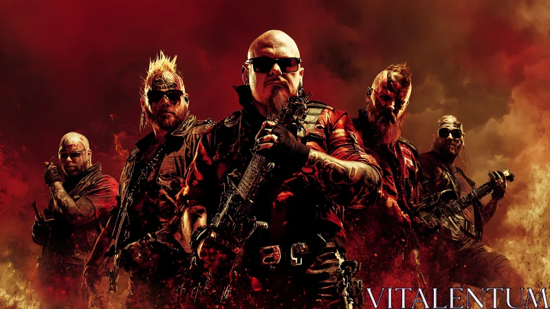 Heavily armed rock band poses in cinematic infernal haze