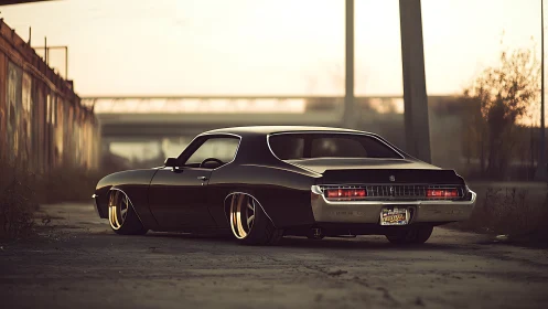Low-slung muscle car prowls through golden industrial dusk.