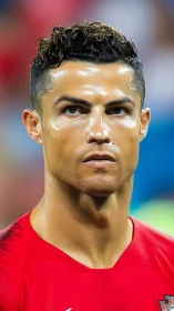 Steel-gazed footballer under stadium lights, calm before kickoff.