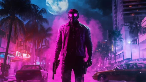 Masked gunman in neon city street under full moon.