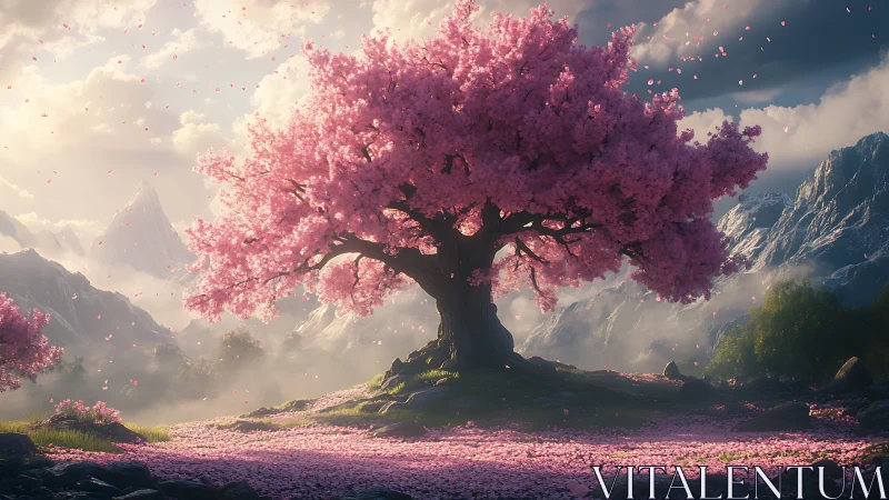 Majestic pink blossom tree in dramatic mountain valley.