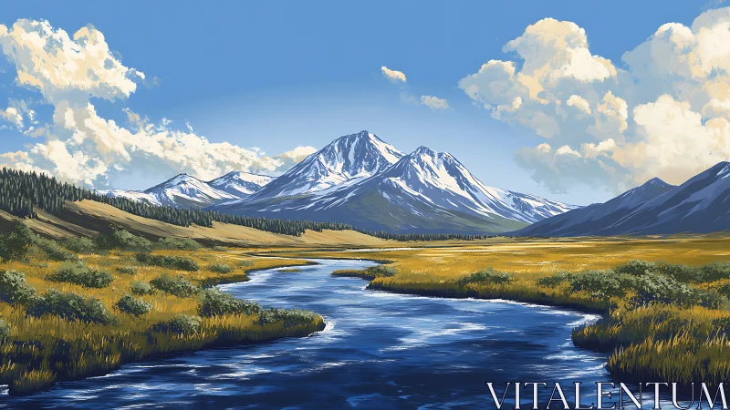 River of skyglass winding beneath bright snowcapped giants.