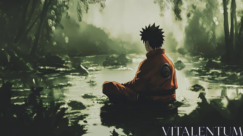 Solitary orange-clad figure seated in shallow forest water.