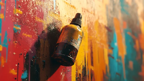 Spray paint bottle against vivid dripping graffiti wall.