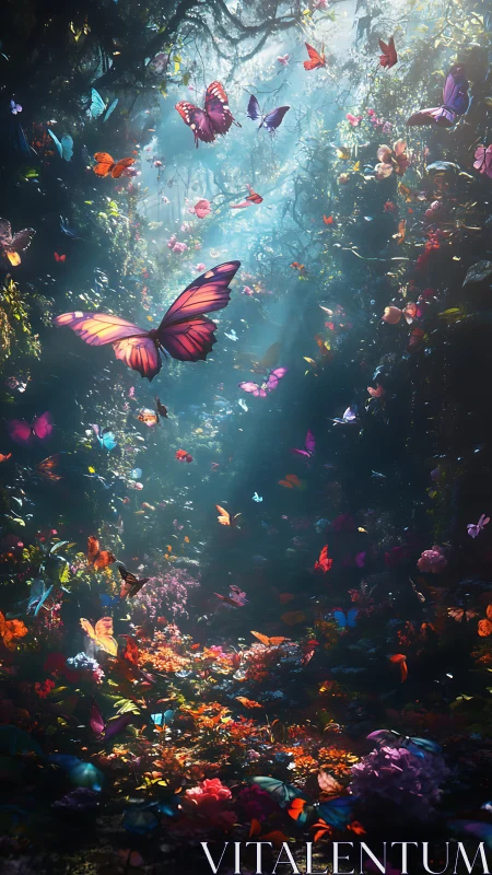 Sunlit butterfly grove shimmers with enchanted color