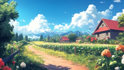 Sunlit country farm road under bright summer sky.