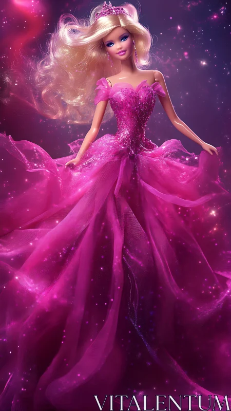 Pink ballgown doll in glittering cosmic styled environment.