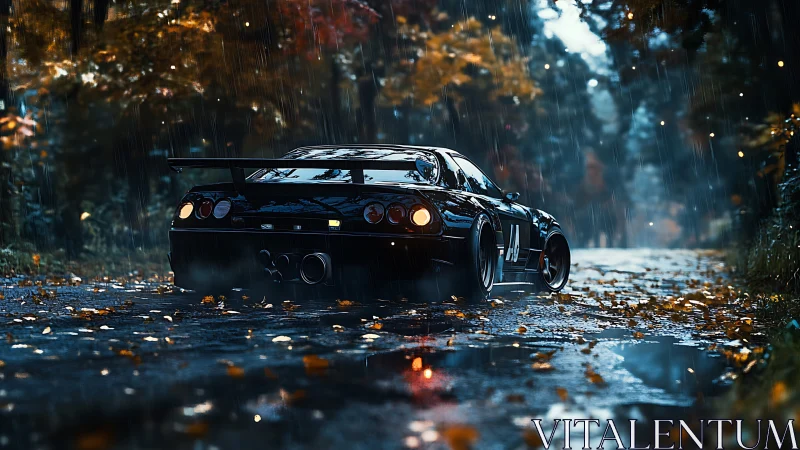 Midnight race car waits on a rain-soaked autumn forest road