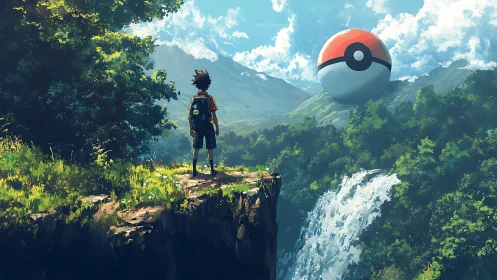 Young explorer facing a floating pokeball above wild falls.