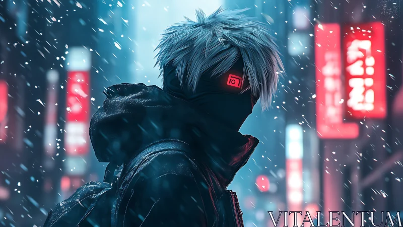 Mysterious cyber wanderer in neon city snowfall at night.