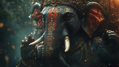 Elephant headed deity statue in ornate golden adornment.