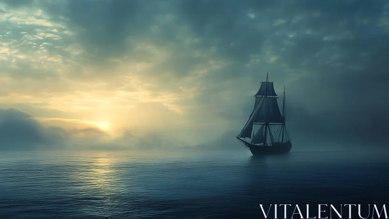 Tall ship sailing through mist at calm ocean sunrise.