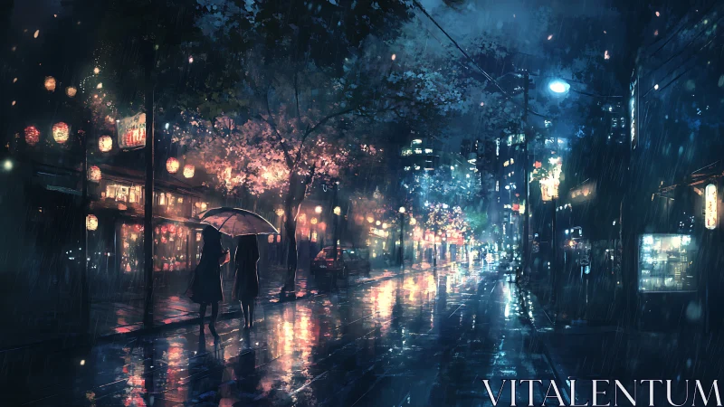 Rainlit lovers under lanterns on a neon-drenched city street.