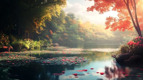 Sunlit autumn pond reflects tranquil forest serenity