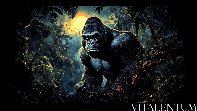 Gorilla stands in dense jungle foliage under bright backlit sun