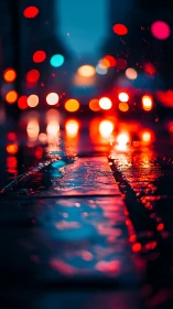 Rainy city street bokeh with colorful night reflections.