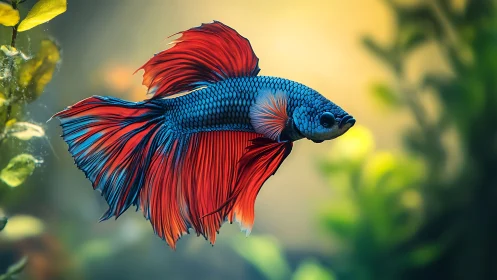 Macro close-up of vibrant halfmoon betta fish in aquarium