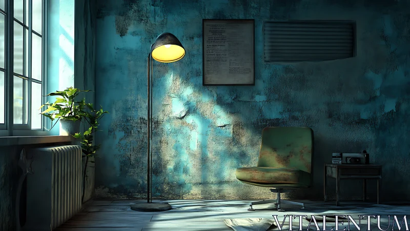 Moody teal interior with retro chair and floor lamp glow.