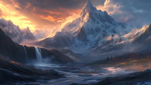 Sunlit alpine peak above misted valley and waterfall.