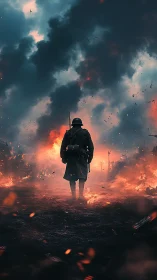 Lone soldier walking through burning battlefield scene.