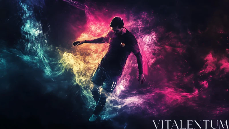 Soccer player rendered within tri-color digital energy field