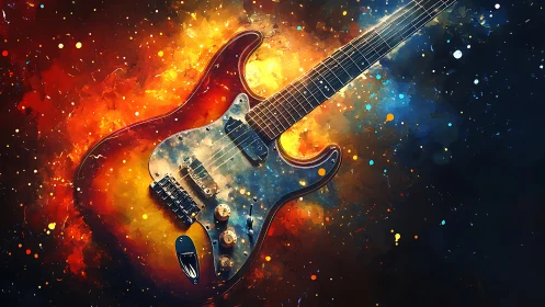 Electric guitar amid abstract fiery and cosmic colors.