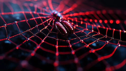Chrome-red spider weaves neon lattice across midnight void