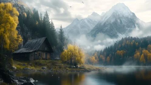 Rustic lakeside cabin anchors misty alpine autumn panorama