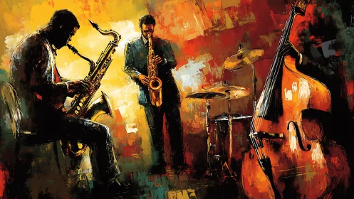 Jazz quartet performs amid fiery abstract strokes of color.