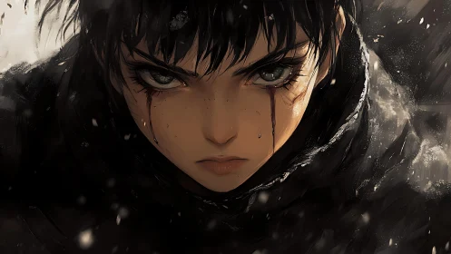 Brooding anime warrior with intense gaze in storm.