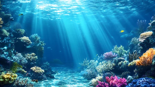Sunlit coral reef scene shows detailed underwater landscape