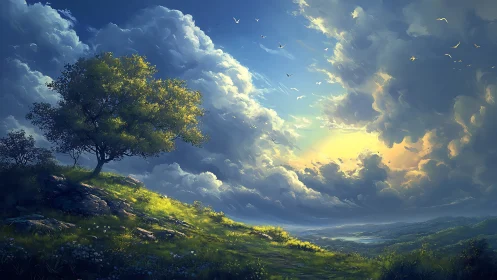 Sunlit hillside dreams beneath sweeping summer clouds.