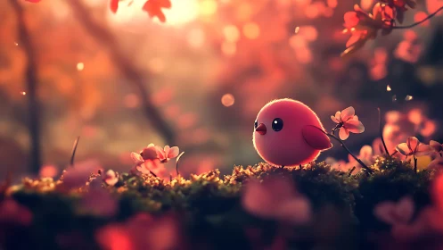 Crimson sprite discovers wonder among sunset-lit wildflowers