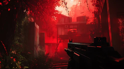 Armed figure in red lit overgrown urban ruin environment.