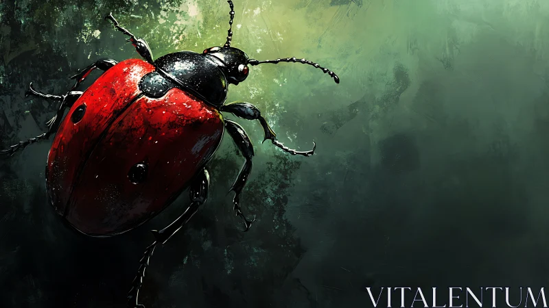 Digital painting of red ladybug on textured green ground.