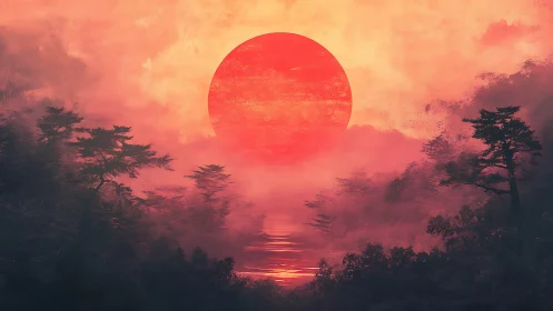 Red sun dominates misty forested landscape at horizon