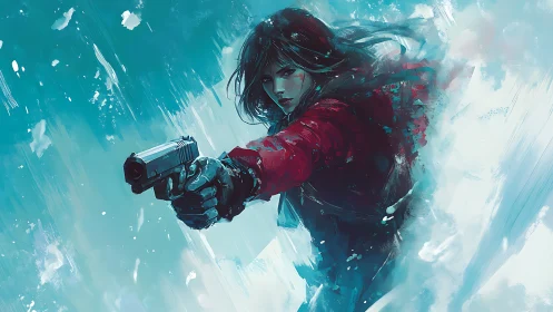 Crimson stormbreaker levels a pistol through the frozen blur