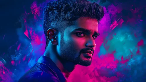 Neon-dual portrait with cyberpunk rim lighting and gradients.