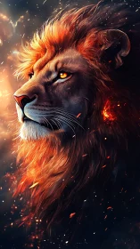 Digital painting profile of a fiery lion with dynamic embers.