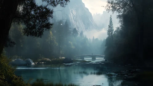 Mist-draped valley cradles a lone wanderer on stone bridge