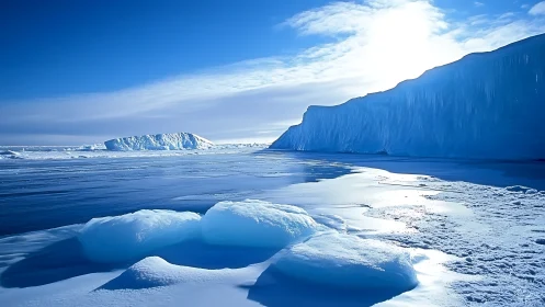 Sunlit polar ice cliffs glowing over a tranquil blue sea.