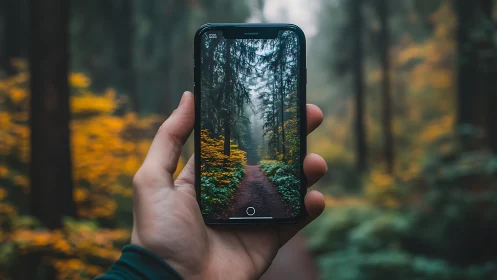 Smartphone capturing dense forest pathway with autumn foliage.