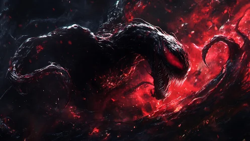 Symbiotic xenomorph serpent in red bioluminescent void field