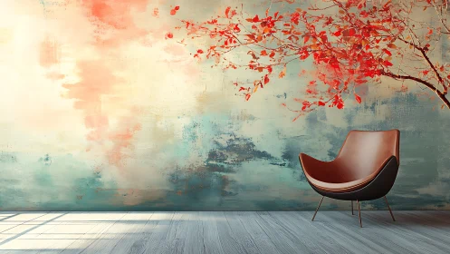 Modern lounge chair rests beneath abstract floral mural