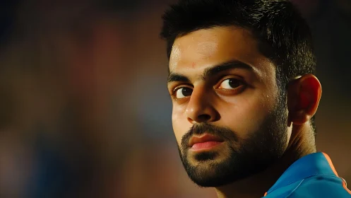 Focused close-up portrait of a cricketer in blue jersey.