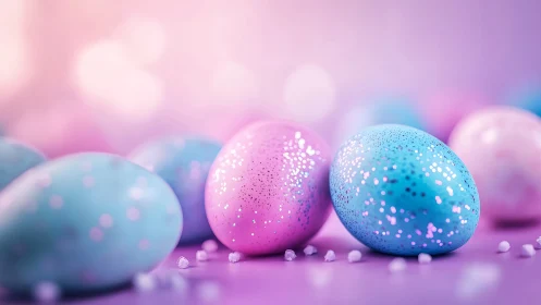 Pastel glitter eggs rest on violet bokeh surface.