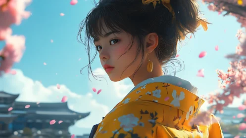 Young woman in yellow kimono under pink spring blossoms.