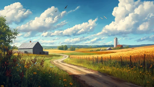 Sunlit country farm road curves through golden wheat fields