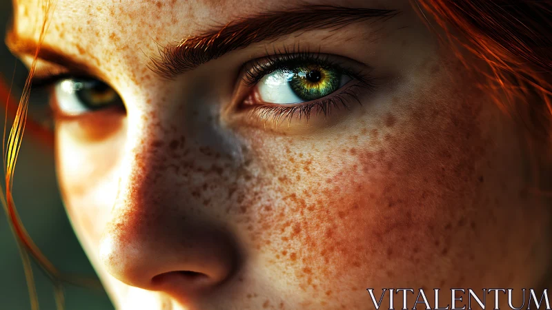 Intense emerald gaze across sunlit freckled portrait study.